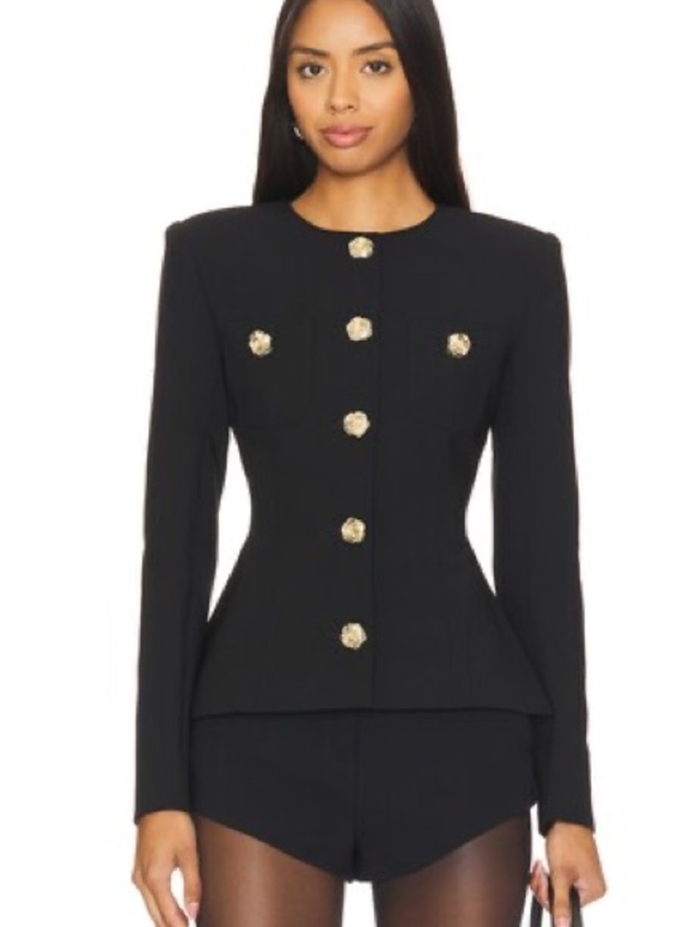 REVOLVE Majorelle Brooke blazer features distinctive gold floral-shaped buttons
